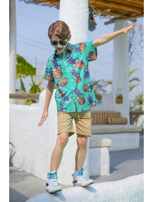 Ahegao Little & Big Boy's Button Down Hawaiian Shirts Short Sleeve Cool Cartoon Print Aloha Dress Tops T-Shirt for Kids 7-14T