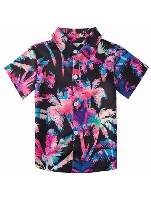 Ahegao Little & Big Boy's Button Down Hawaiian Shirts Short Sleeve Cool Cartoon Print Aloha Dress Tops T-Shirt for Kids 7-14T