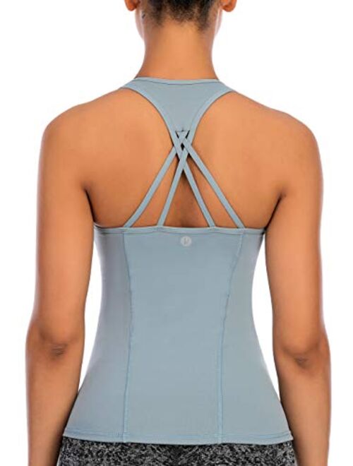 RUNNING GIRL Yoga Tank Tops for Women Built in Shelf Bra B/C Cups Strappy Back Activewear Workout Compression Tops