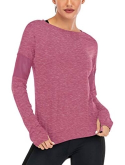 Fihapyli Women's Plain Long Sleeve T Shirt Workout Top Loose Yoga Tops Gym Sports T-Shirt with Thumb Hole