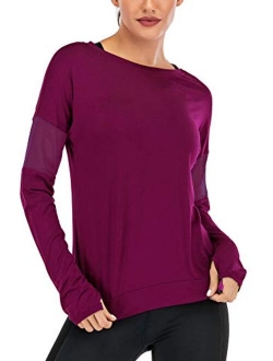 Fihapyli Women's Plain Long Sleeve T Shirt Workout Top Loose Yoga Tops Gym Sports T-Shirt with Thumb Hole