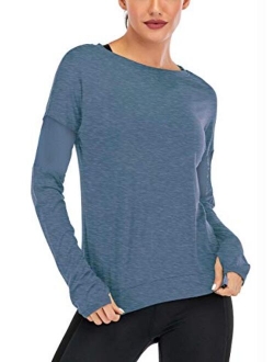 Fihapyli Women's Plain Long Sleeve T Shirt Workout Top Loose Yoga Tops Gym Sports T-Shirt with Thumb Hole