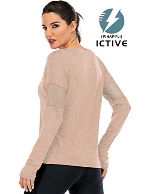 Fihapyli Women's Plain Long Sleeve T Shirt Workout Top Loose Yoga Tops Gym Sports T-Shirt with Thumb Hole