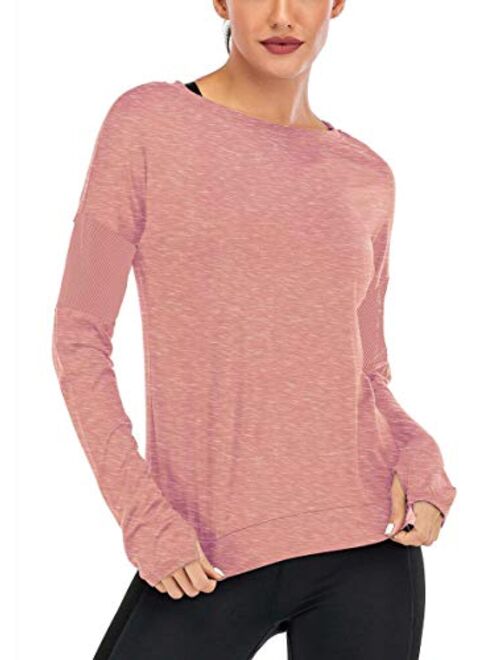 Fihapyli Women's Plain Long Sleeve T Shirt Workout Top Loose Yoga Tops Gym Sports T-Shirt with Thumb Hole