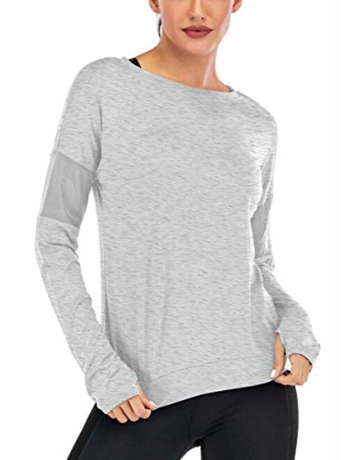 Fihapyli Women's Plain Long Sleeve T Shirt Workout Top Loose Yoga Tops Gym Sports T-Shirt with Thumb Hole