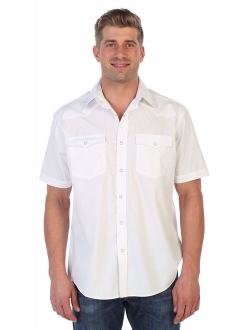 Mens Casual Western Solid Short Sleeve Pearl Snaps Shirt