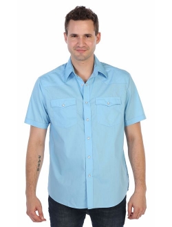 Mens Casual Western Solid Short Sleeve Pearl Snaps Shirt