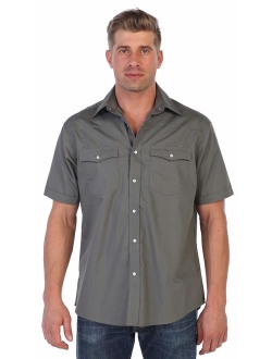 Mens Casual Western Solid Short Sleeve Pearl Snaps Shirt