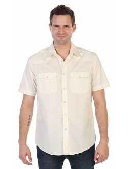 Mens Casual Western Solid Short Sleeve Pearl Snaps Shirt