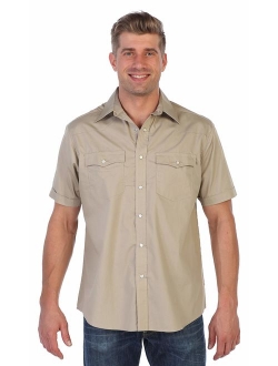 Mens Casual Western Solid Short Sleeve Pearl Snaps Shirt