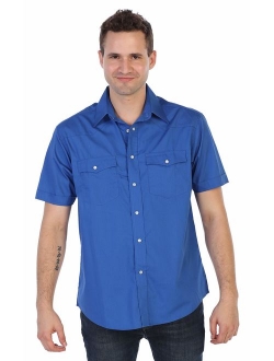 Mens Casual Western Solid Short Sleeve Pearl Snaps Shirt