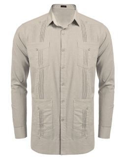 Men's Long Sleeve Guayabera Cuban Shirt Casual Button Down Cotton Linen Shirt