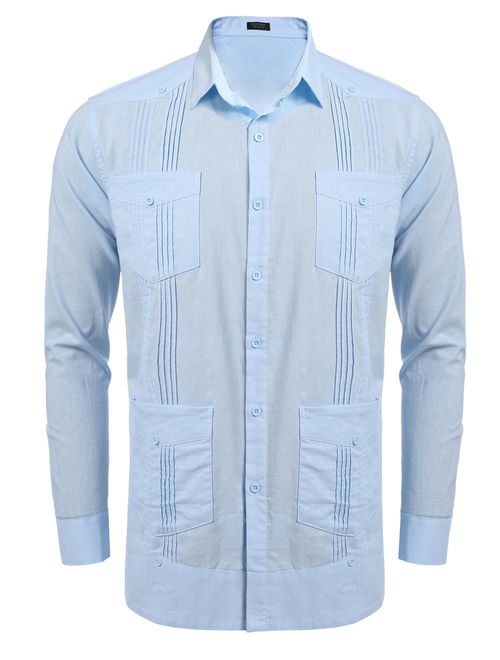 COOFANDY Men's Long Sleeve Guayabera Cuban Shirt Casual Button Down Cotton Linen Shirt