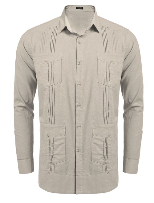 COOFANDY Men's Long Sleeve Guayabera Cuban Shirt Casual Button Down Cotton Linen Shirt