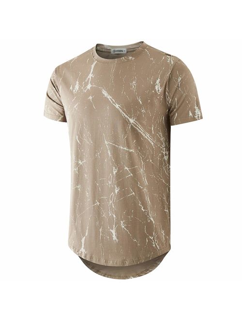 KLIEGOU Mens Hipster Hip Hop Ripped Crew Hemline Pattern Print T Shirt