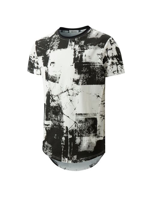 KLIEGOU Mens Hipster Hip Hop Ripped Crew Hemline Pattern Print T Shirt