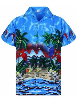 Funky Hawaiian Shirt Men Shortsleeve Frontpocket Hawaiian-Print Parrot Flowers