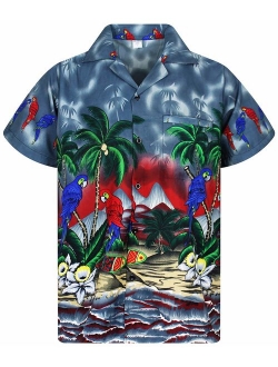 Funky Hawaiian Shirt Men Shortsleeve Frontpocket Hawaiian-Print Parrot Flowers