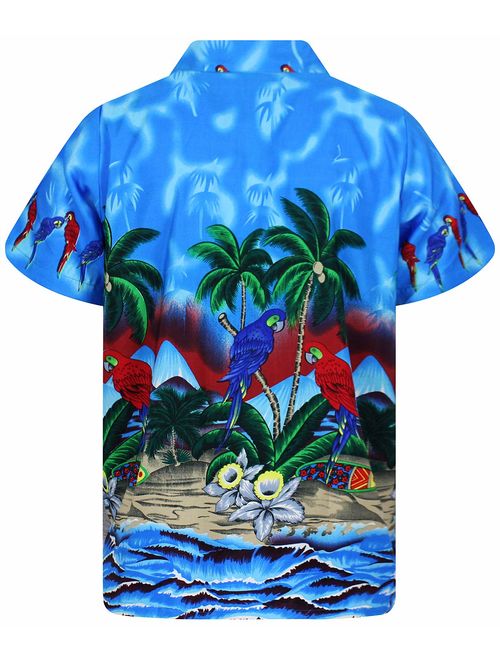 Funky Hawaiian Shirt Men Shortsleeve Frontpocket Hawaiian-Print Parrot Flowers