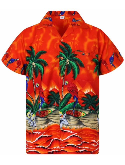 Funky Hawaiian Shirt Men Shortsleeve Frontpocket Hawaiian-Print Parrot Flowers