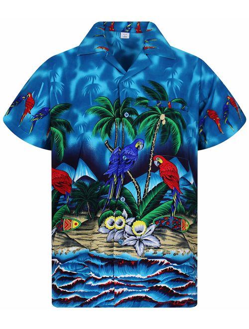 Funky Hawaiian Shirt Men Shortsleeve Frontpocket Hawaiian-Print Parrot Flowers