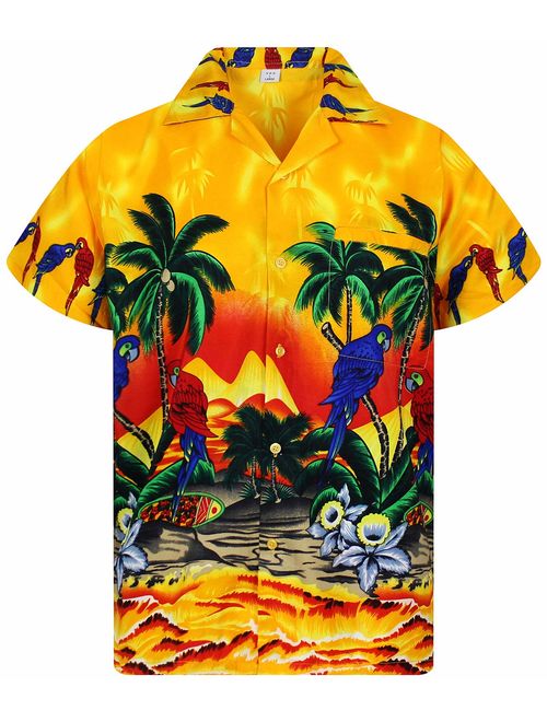 Funky Hawaiian Shirt Men Shortsleeve Frontpocket Hawaiian-Print Parrot Flowers