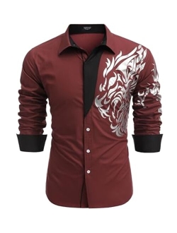 Men's Print Button Down Dress Shirt Fashion Long Sleeve Casual Shirts