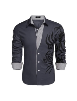 Men's Print Button Down Dress Shirt Fashion Long Sleeve Casual Shirts