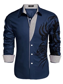 Men's Print Button Down Dress Shirt Fashion Long Sleeve Casual Shirts