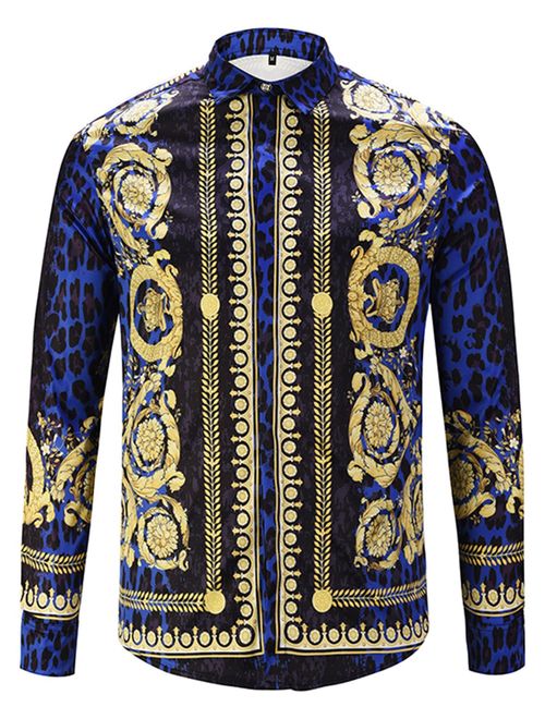 PIZOFF Mens Long Sleeve Luxury Design Print Dress Shirt