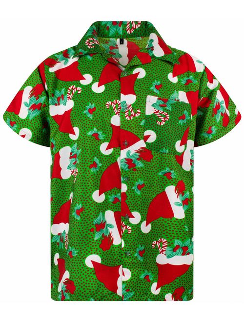 V.H.O Funky Hawaiian Shirt Men Short-Sleeve Front-Pocket Christmas Designs