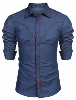 Mens Western Cowboy Shirt Embroidered Denim Long Sleeve Casual Button Down Shirt