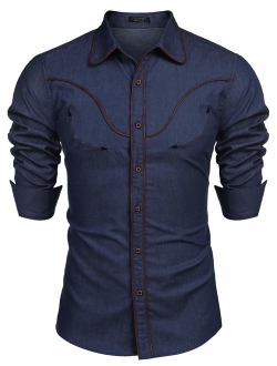 Mens Western Cowboy Shirt Embroidered Denim Long Sleeve Casual Button Down Shirt