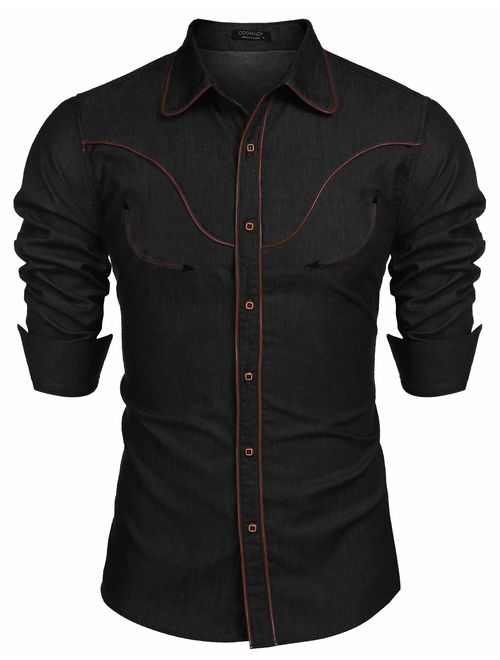 COOFANDY Mens Western Cowboy Shirt Embroidered Denim Long Sleeve Casual Button Down Shirt