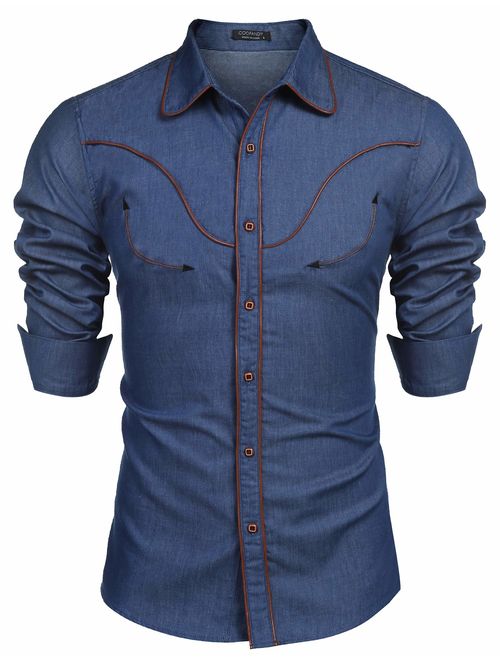 COOFANDY Mens Western Cowboy Shirt Embroidered Denim Long Sleeve Casual Button Down Shirt