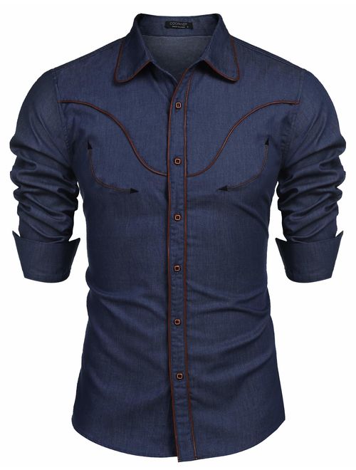 COOFANDY Mens Western Cowboy Shirt Embroidered Denim Long Sleeve Casual Button Down Shirt