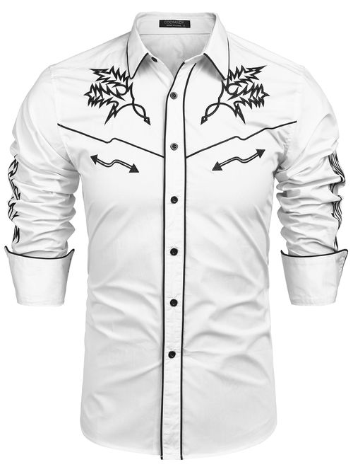 COOFANDY Mens Western Cowboy Shirt Embroidered Denim Long Sleeve Casual Button Down Shirt