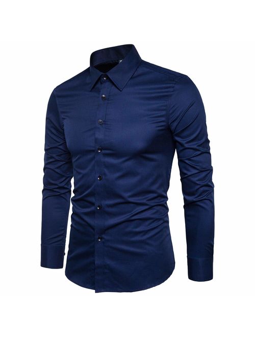 LOCALMODE Men's Regular Fit Cotton Easy Care Business Shirt Casual Solid Long Sleeve Button Down Dress Shirts