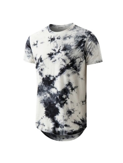 Mens Cotton Printed  Hip Hop Tie-Dyed Hipster Curve Hem T Shirt