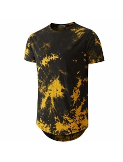 Mens Cotton Printed  Hip Hop Tie-Dyed Hipster Curve Hem T Shirt