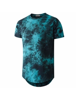 Mens Cotton Printed  Hip Hop Tie-Dyed Hipster Curve Hem T Shirt