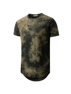 Mens Cotton Printed  Hip Hop Tie-Dyed Hipster Curve Hem T Shirt