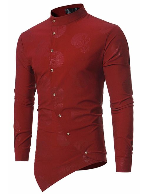 HOP Men's Casual Irregular Hem Slim Fit Button Down Dress Shirt