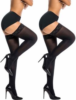 ARRUSA Nylon Shiny Thigh High Stockings,Ultra Shimmery Lace Silicone Sheer  Tights,Stay Up lingerie Pantyhose for Women