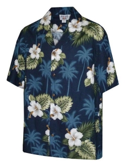 Pacific Legend Men's Hibiscus & Palm Hawaiian Shirt (Black)