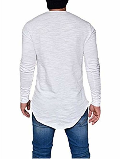 Makkrom Mens Long Sleeve T Shirts Hipster Hip Hop Slim Swag Curve Hem Basic Tee Tops