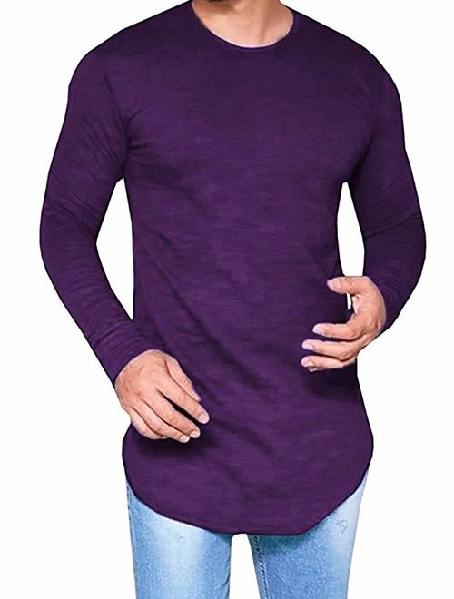 Makkrom Mens Long Sleeve T Shirts Hipster Hip Hop Slim Swag Curve Hem Basic Tee Tops