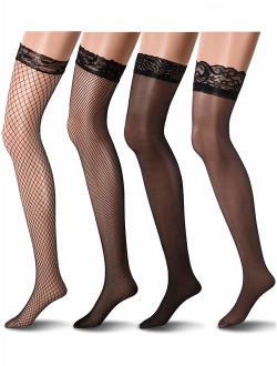 4 Pairs Women Fishnet Stockings Black Sheer Lace Thigh High Stockings High Waist Tights