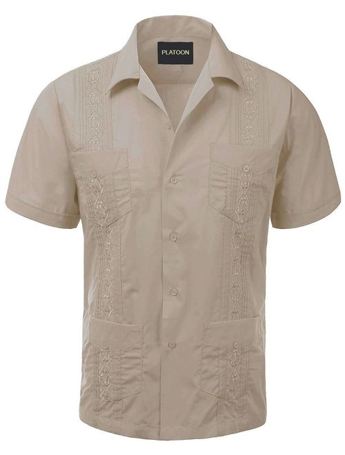 Platoon Guayabera Short Sleeve Mens Cuban Shirt Wedding Cigar Beach Bartender