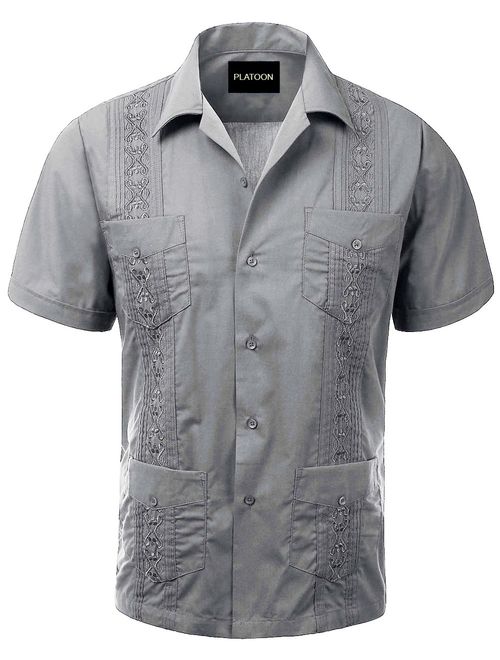 Platoon Guayabera Short Sleeve Mens Cuban Shirt Wedding Cigar Beach Bartender